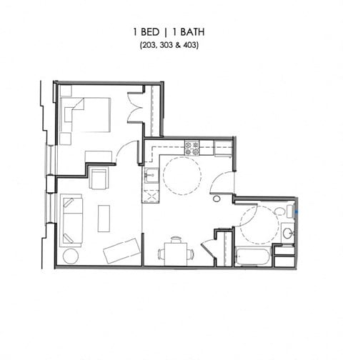 Floor plan for 1 bed, 1 bath, 667 sqft
